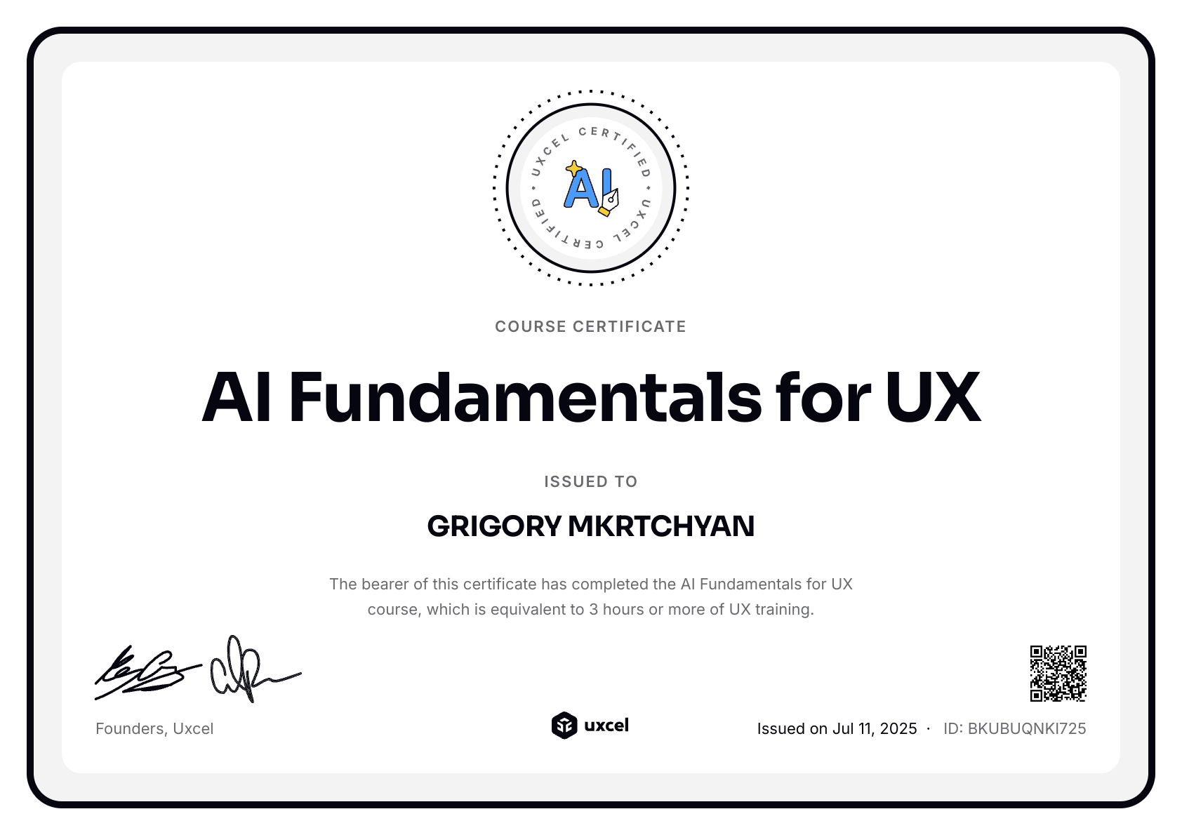 GRIGORY MKRTCHYAN's certificate